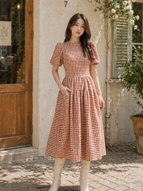 El Saison Juni Gingham Peasant Prairie Cottagecore MilkMaid Folk Long Dress XS
